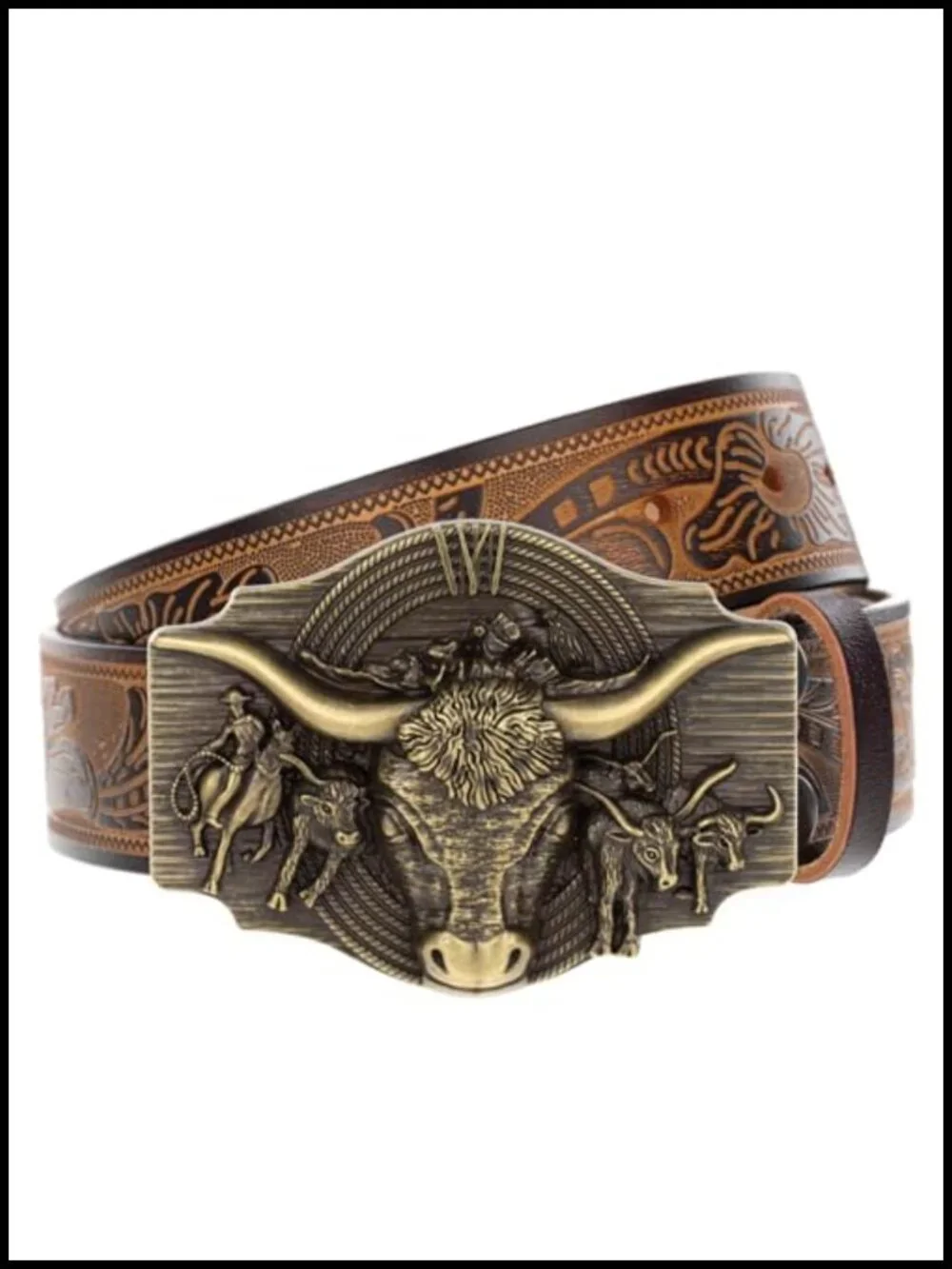 Men's Western Cowhide Leather Belt with Engraved Detachable Buckle